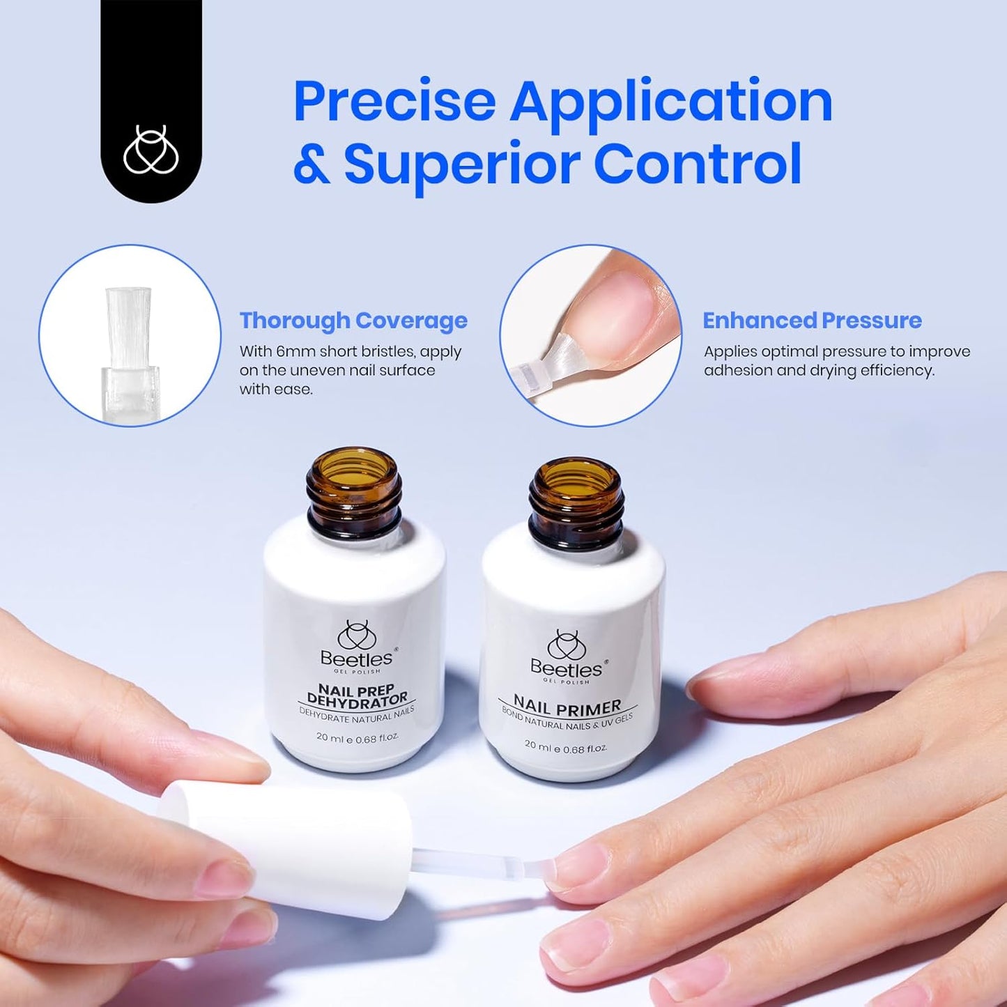 Beetles Nail Dehydrator and Primer, 20ml Large Capacity Acid Free Natural Nail Prep Dehydrate and Primer for UV Gels Superior Bonding Professional Salons Set