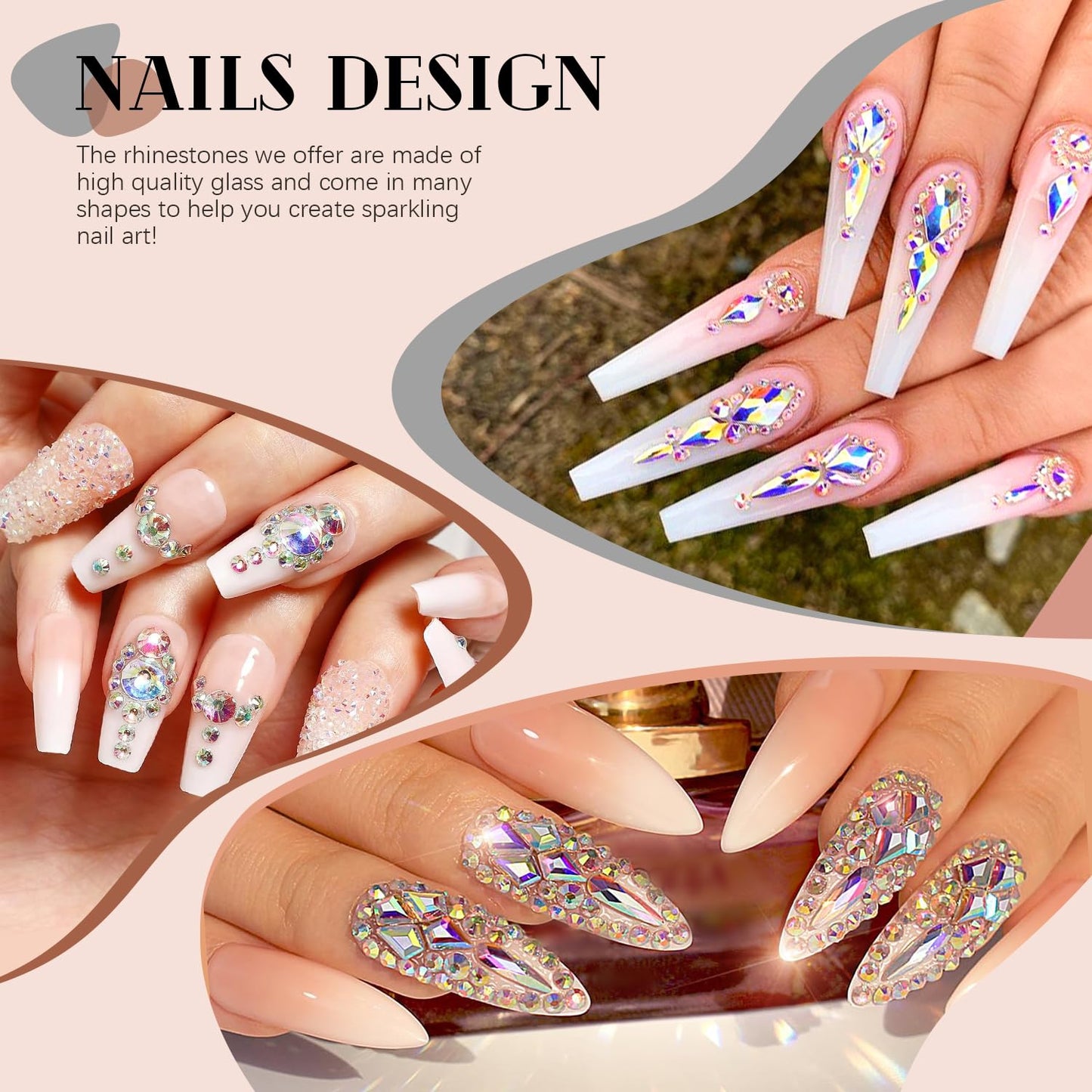 AB Glass Nail Rhinestones & Gems - 3220 Pcs Multi Shapes + 3100 Pcs Round Crystal with Glue Gel for Nail Art