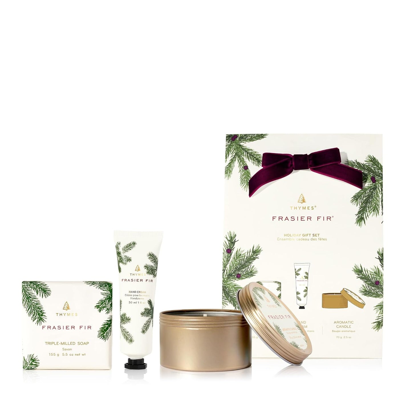 Thymes Frasier Fir Hand Cream, Travel Tin Candle Jar and Bar Soap Gift Set - Scented with Notes of Siberian Fir, Cedarwood, and Sandalwood - Luxury Home Fragrance Set - Hostess Gift for the Holidays