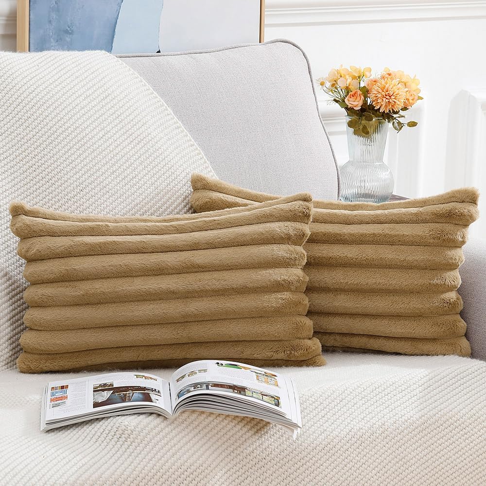 MADIZZ Set of 2 Faux Wool Plush Decorative Throw Pillow Covers 12x20 Inch Camel Fluffy Striped Soft Decorative Cushion Cover for Sofa Bedroom Pillow Shell