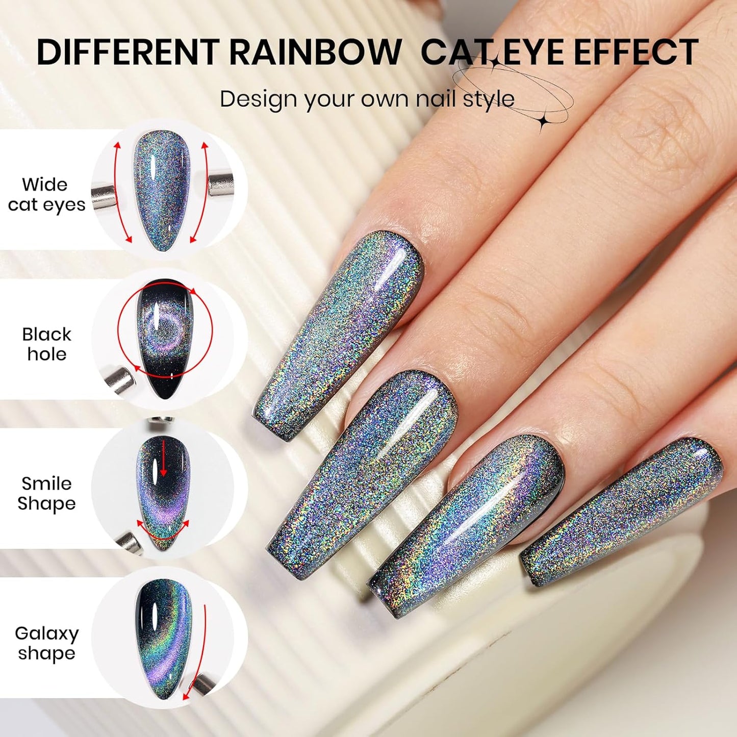 Rainbow Cat Eye Gel Polish - 15ml Holographic 9D Cat Eye with Magnetic Stick for a Glittery Iridescent Galaxy Effect Soak Off UV Lamp Perfect for Nail Art & DIY Manicures at Home
