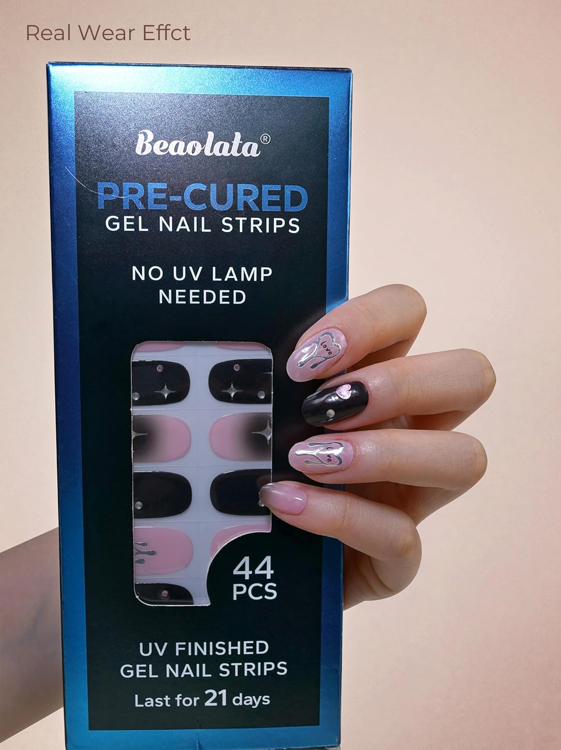 Pre Cured Gel Nail Strips - 44PCS Salon Quality Gel Nail Stickers - Long Lasting Polish Wraps for Women no UV Light Needed Easy Apply& Remove (Black Pulse)