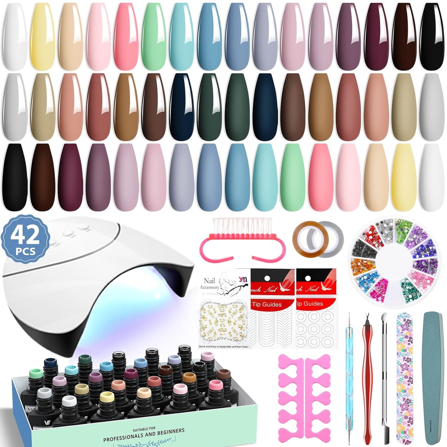 VANREESA 24 Colors Gel Nail Polish Kit with U V Light 42 Pcs Gel Polish Nail Kit Glossy & Matte Top Coat Complete Nail Kit with Manicure Tools Gifts for Women