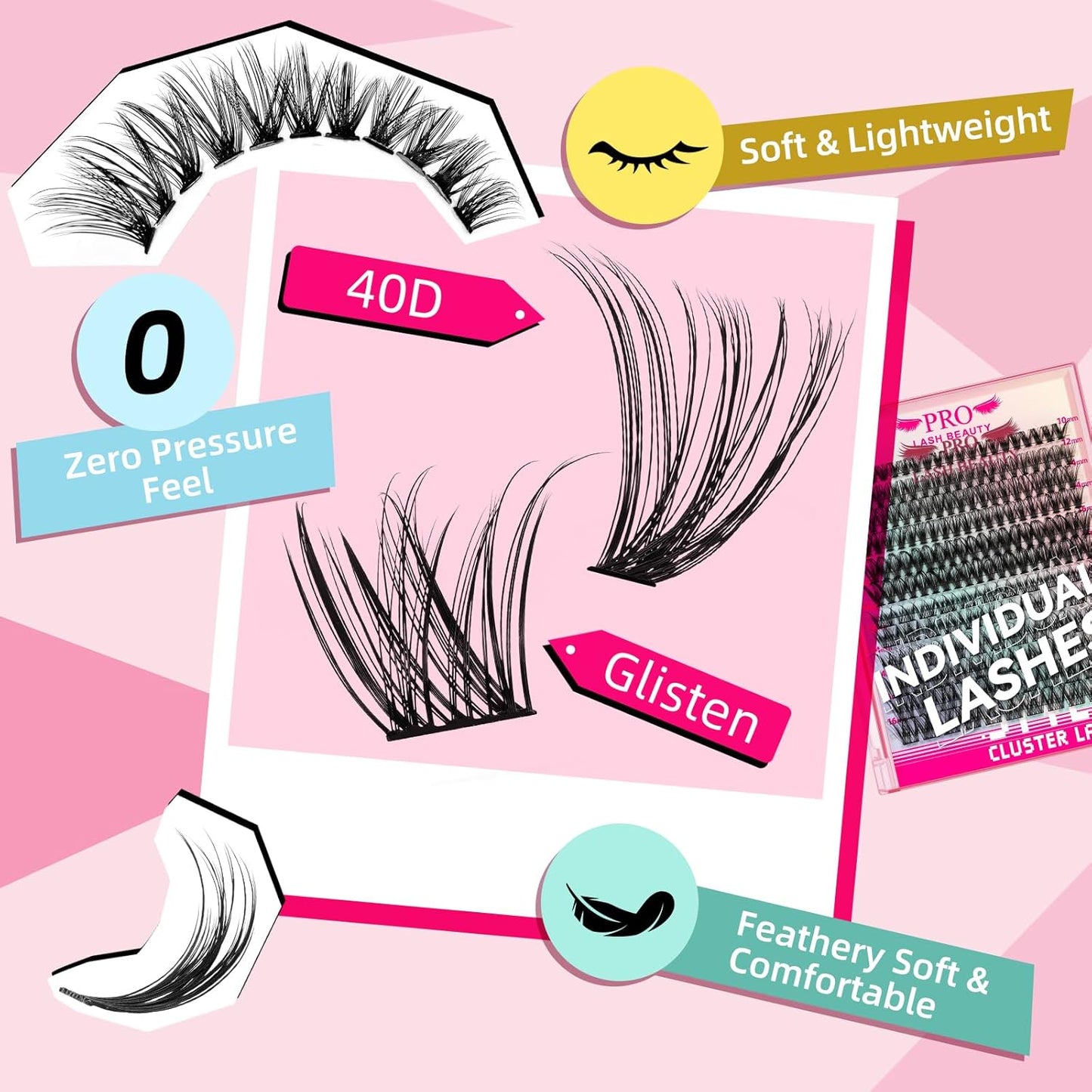 186Pcs Lash Extension Kit 2 Styles Individual Eyelash Extension Lash Clusters with Lash Bond and Seal Lash Remover Lash Applicator Individual Lashes Kit Eyelash Brush (40D+Glisten-10-16mix Kit)