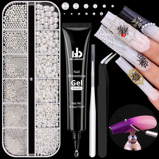 Luxurious Flatback Pearls (White) & Metal Nail Beads (Silver) with Rhinestones Glue Gel for Acrylic Nail Tips Manicure Decor