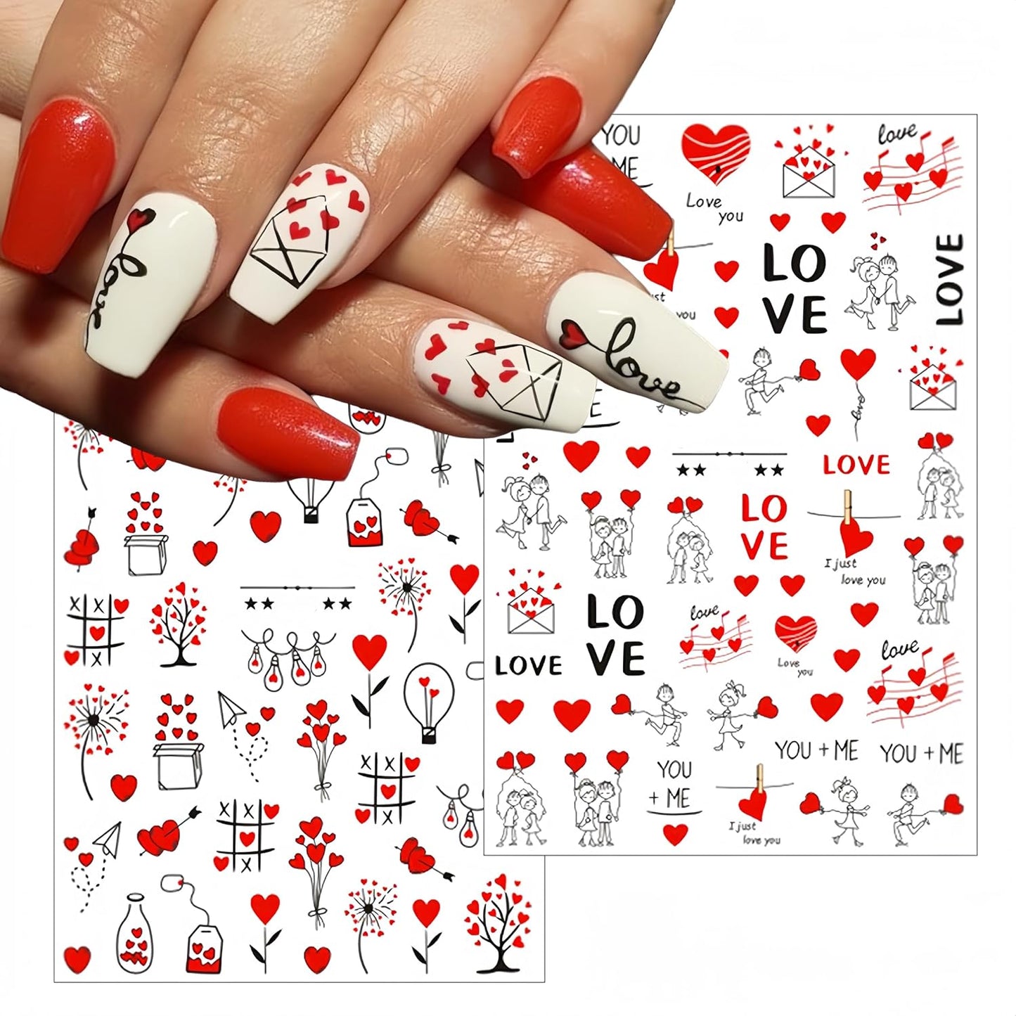 6 Sheets Valentine's Nail Stickers 3D Self-Adhesive Red Couple Balloon Pattern Stickers Romantic Design for Women Girls Valentine's Nail Art Decoration