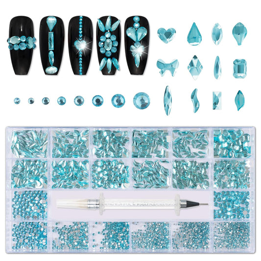 Nail Rhinestones Kit, Nail Art Decorations with Wax Pencil Flat AB Rhinestones Kit DIY Crafts Gemstones for Nail, Shoes, Clothes, Jewels (600 Aquamarine Diamonds + 2500 Flat Rhinestones)…