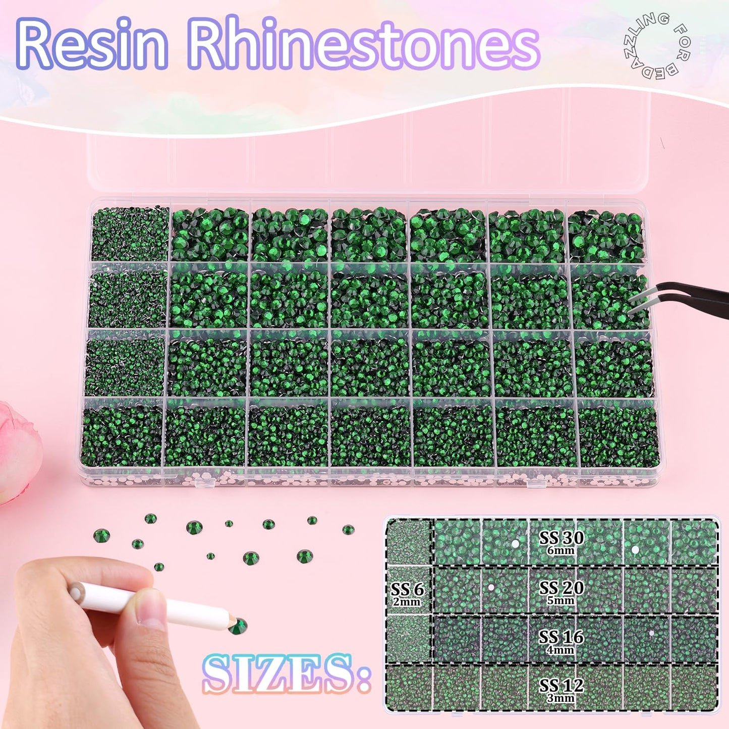 30000Pcs Resin Rhinestones for Bedazzling with 3Pcs B7000 Jewelry Glue, Emerald Green Flatback Gems Rhinestones for Crafting, Clothing Tumblers Mugs Shoes Fabric Decor Nail Art