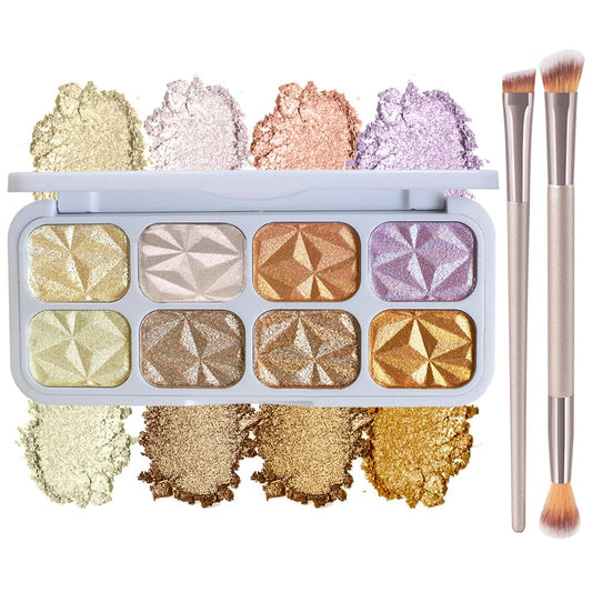 Face Highlighter Palette with Mirror, 8 Colors Glitter Eyeshadow Palette, Diamond Shimmer Glow Contour Palette for Face Highlighters & Luminizers, Long Lasting, Makeup Brush Include