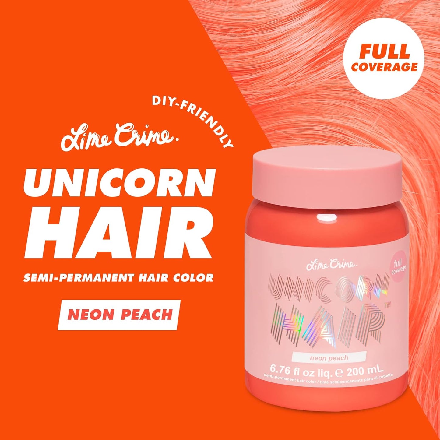 Lime Crime Full Coverage Unicorn Hair Dye, Neon Peach - Damage-Free Semi-Permanent Hair Color Conditions & Moisturizes - Temporary Hair Tint Kit Has A Sugary Citrus Vanilla Scent - Vegan