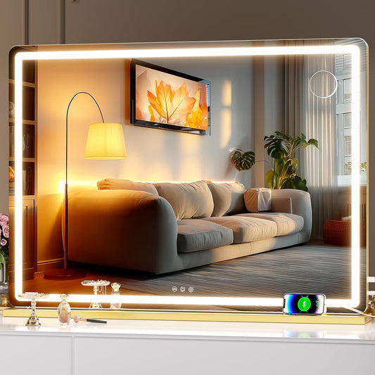 Hasipu Vanity Mirror with Lights, 39.4" x 30" LED Makeup Mirror, Lighted Makeup Mirror with Dimmable 3 Modes, Touch Screen Control Vanity Mirror Round Gold