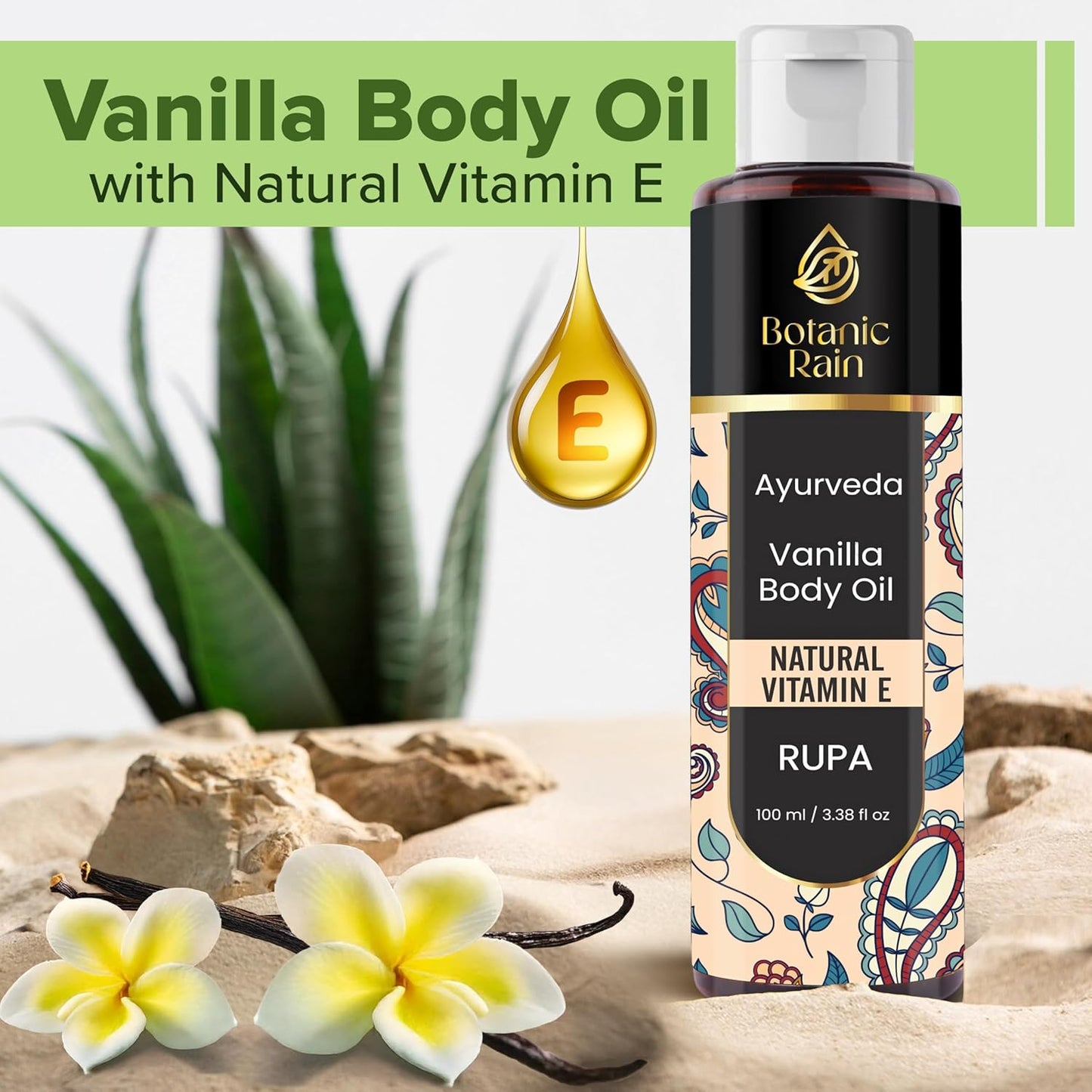 Ayurveda Vanilla Body Oil, Organic, Nourishing, & Hydrating Moisturiser for Dry, Flaky Crepey Skin - Fast Absorbing, Non-Greasy, Ayurvedic for Women & Men – 3.38 fl oz (1)