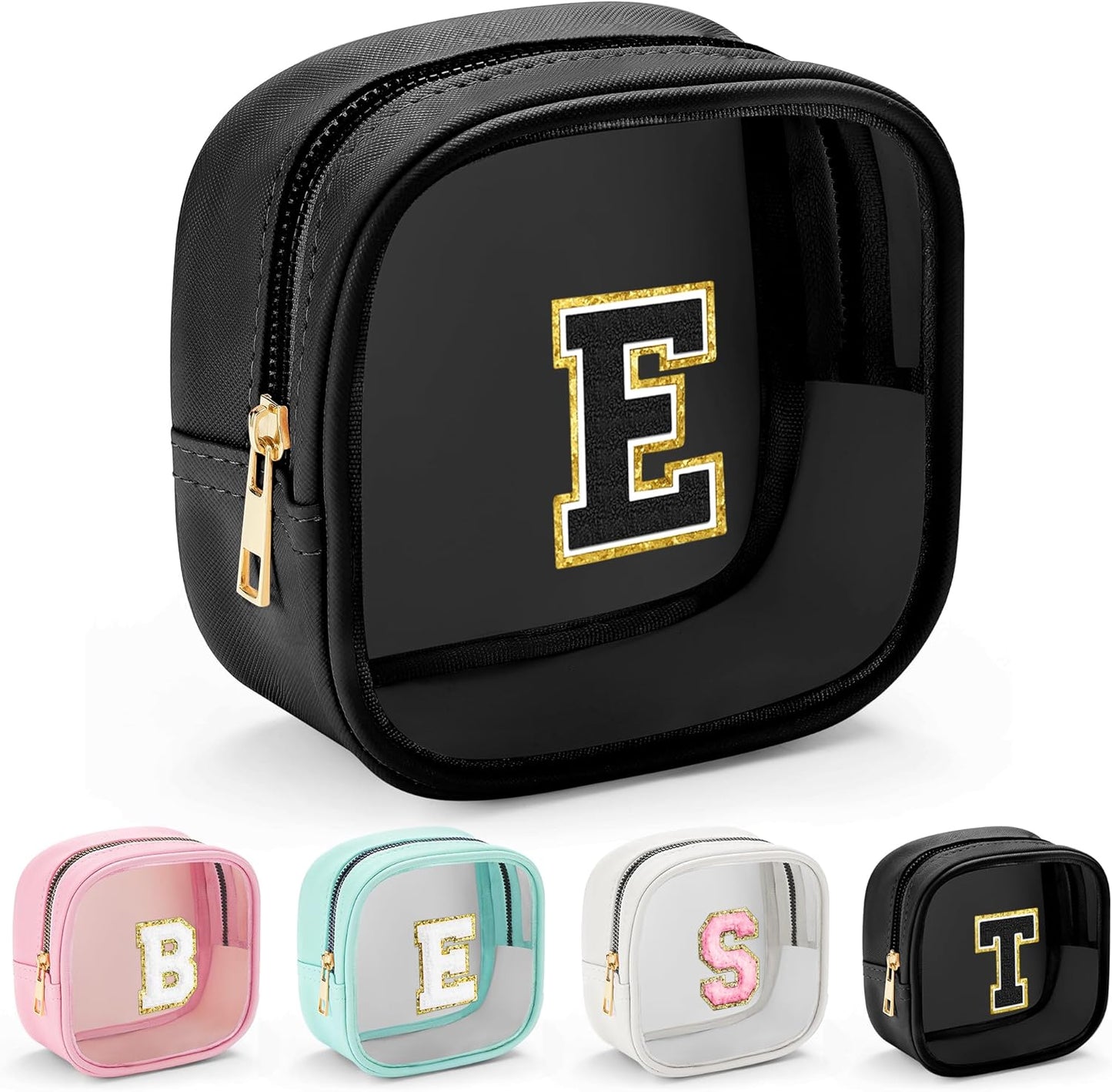 YOOLIFE Initial Makeup Bag Travel Toiletry Bag, Clear Makeup Bag Car Accessories For Women Clear Makeup Bags With Zipper Girlfriend Teacher 13 Year Old Girl Gifts Daughter Girl Gifts Mini Black E