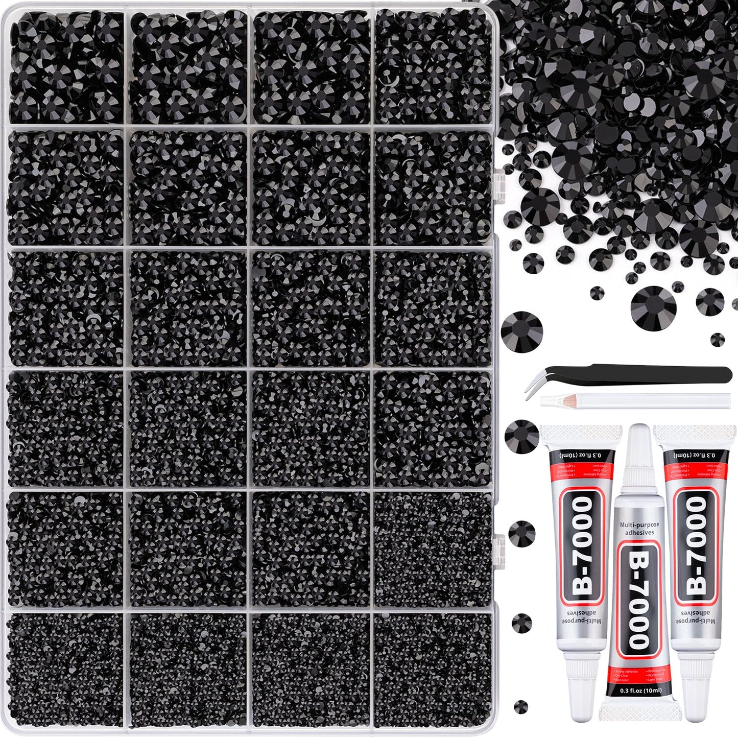 30000Pcs Black Rhinestones for Bedazzling Crafting, Flatback Resin Gems Crystal, Bedazzler Kit with 3Pcs 10ml B7000 Jewelry Glue and Tweezers for DIY Crafts Clothing Shoes Fabric Nail Art