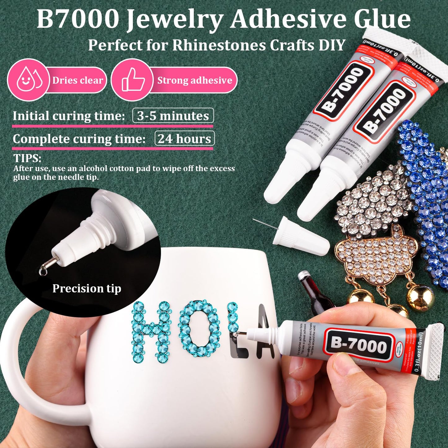 Resin Rhinestones for Crafting with B7000 Jewelry Glue, 1 Box Teal Blue Flatback Crystals with 3Pcs 10ml Glue for Bedazzling Crafts DIY Nail Art Makeup，Non Hotfix Gems for Clothing Shoes