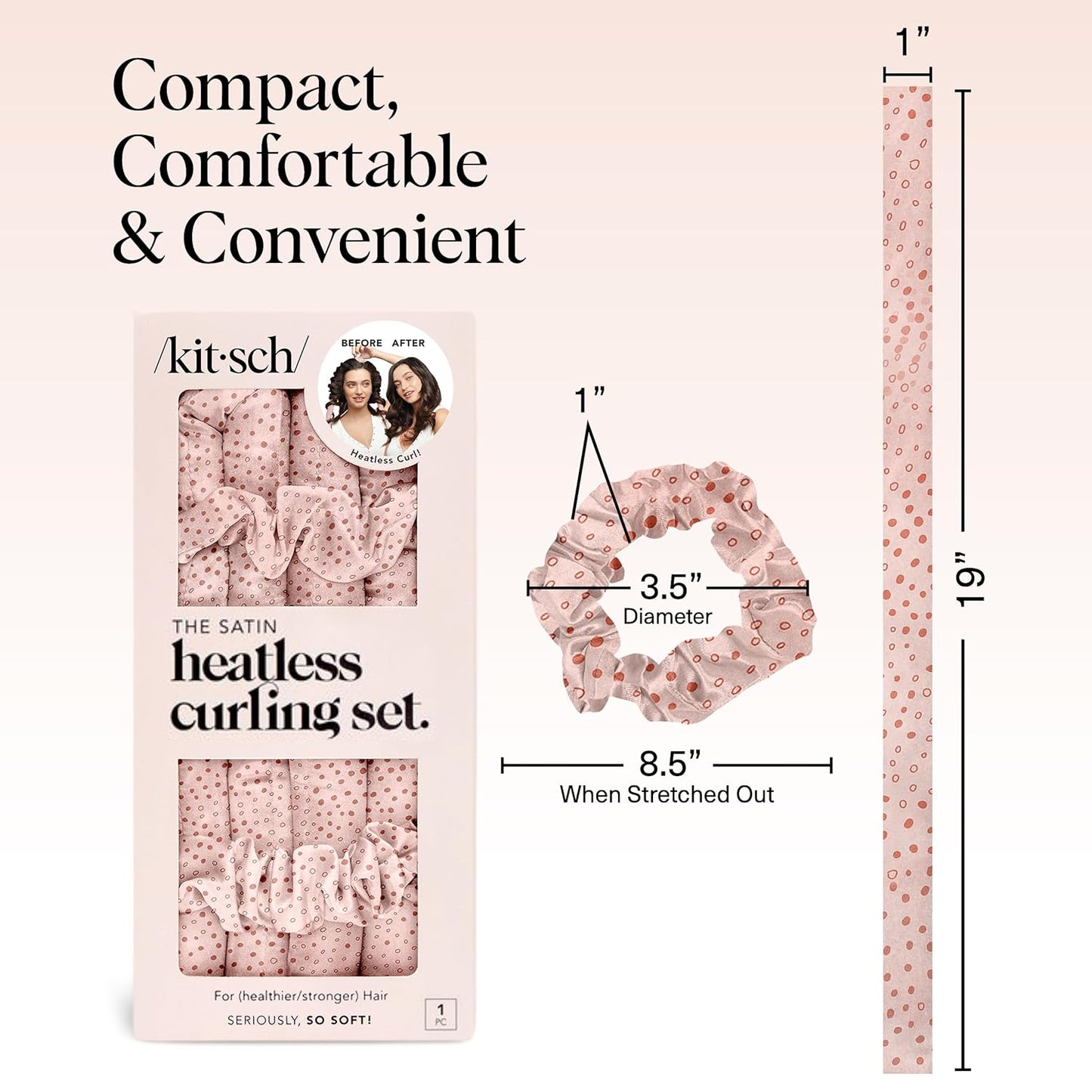 Kitsch Satin Heatless Curling Set – Heatless Hair Curler for Women, Hair Curler to Sleep In - with 2 Satin Scrunchies for Overnight Curls – No Heat Damage Styling with Heatless Curler - Micro Dot