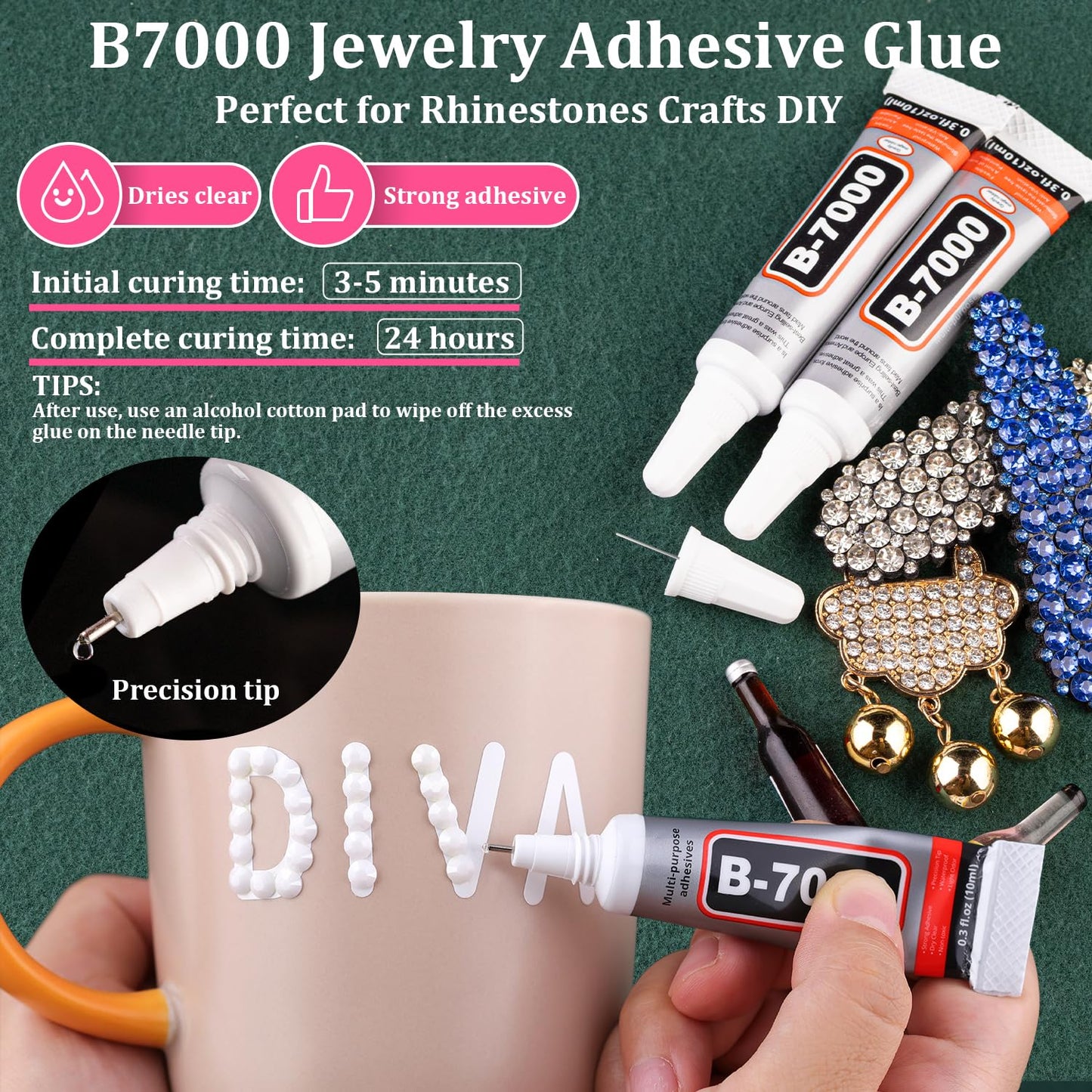 Resin Rhinestones for Crafting with B7000 Jewelry Glue, 1 Box White Flatback Crystals with 3Pcs 10ml Glue for Bedazzling Crafts DIY Nail Art Makeup，Non Hotfix Gems for Clothing Shoes
