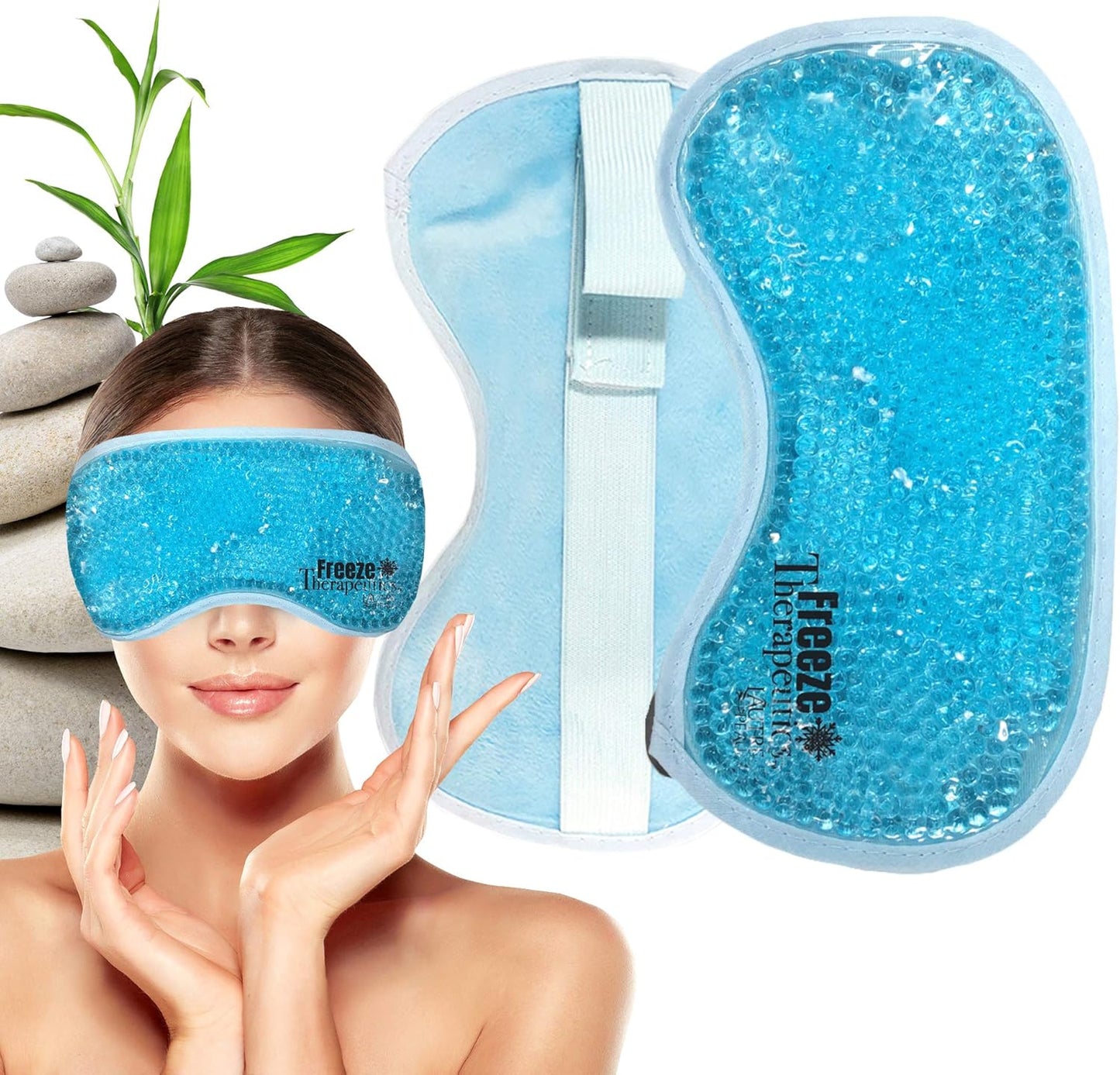 USA Merchant - Hot/Cold Plush Gel Bead Relief Wrap | Freeze Therapeutics by L'AUTRE PEAU | Hot Or Cold Reusable Ice Packs with Flexible Beads (Blue Full Eye Mask)