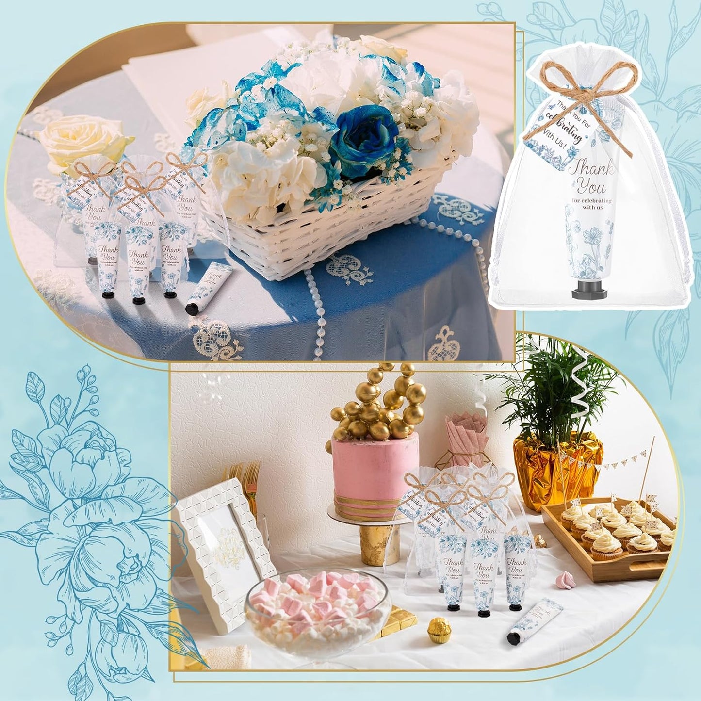 48 Sets Baby Shower Hand Cream Party Favors for Guests Gift Bulk Travel Size Hand Lotion Set for Baby Shower Wedding Christmas(Blue Flower)