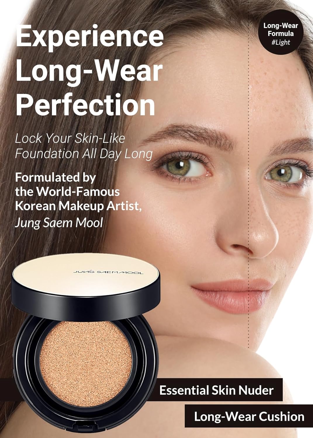 JUNG SAEM MOOL Essential Skin Nuder Longwear Cushion 0.98 Fl Oz (Light), Refill Included, 24H Lasting Cushion Foundation with High Coverage, Semi-Matte Natural Finish, Korean Foundation Makeup