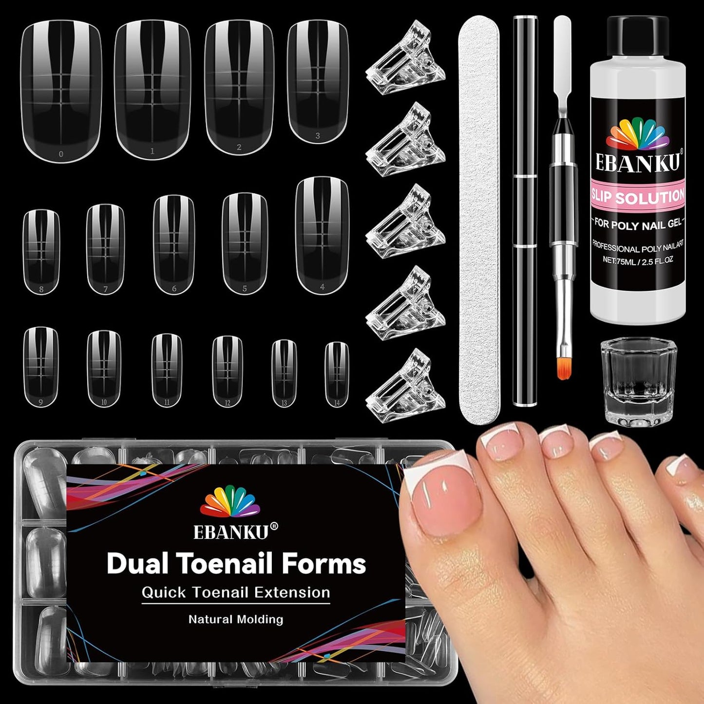 EBANKU Poly Gel Nail Forms Kit for Toes - 150PCS Reusable Dual Toenail Forms for Builder Gel, Toe Nail Kit with 2.5oz Slip Solution, Brush, File, 5PCS Clips - 15 Sizes