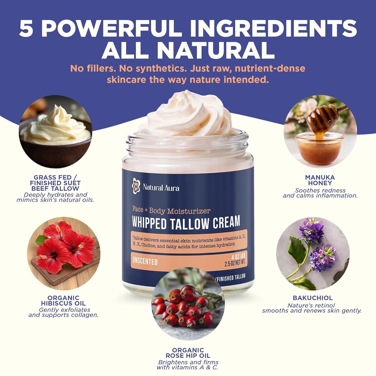 Whipped Beef Tallow for Skin - Face + Body Moisturizer, 100% Grass Fed Grass Finished Tallow and Honey Balm for Sensitive Skin - Natural Lotion - Free of Harsh Chemicals - 4oz, (Unscented)