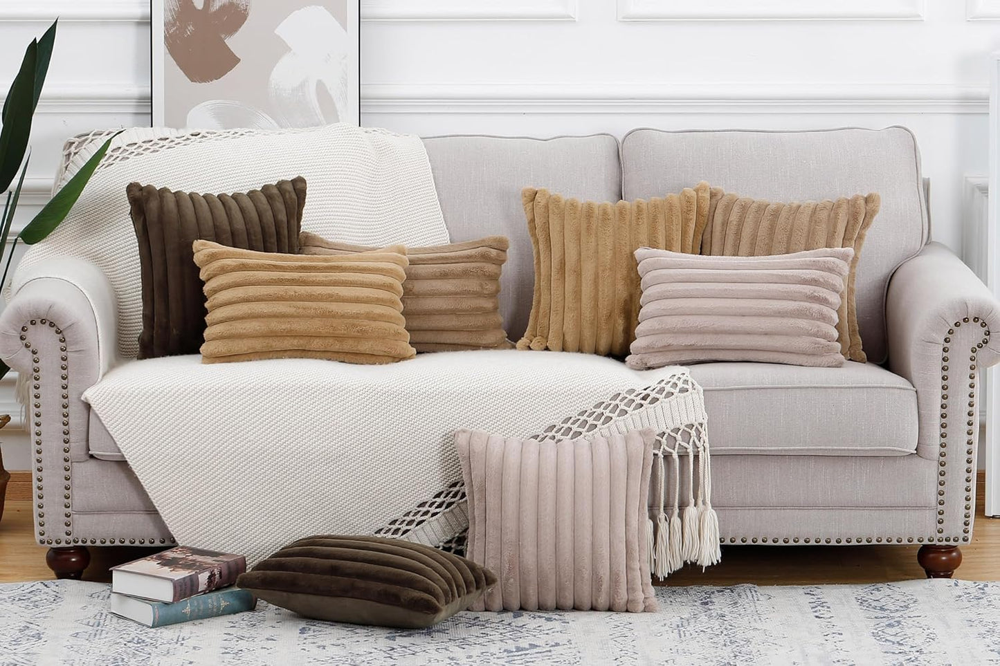 MADIZZ Set of 2 Faux Wool Plush Decorative Throw Pillow Covers 26x26 Inch Camel Fluffy Striped Soft Decorative Cushion Cover for Sofa Bedroom Pillow Shell