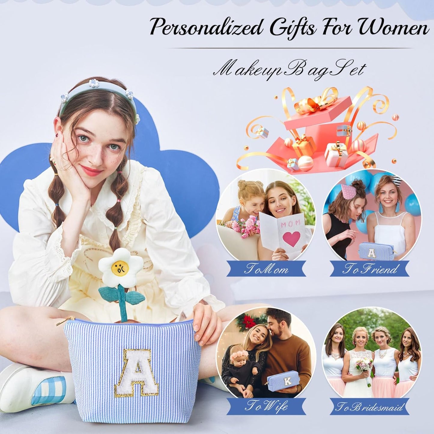 YOOLIFE Personalized Gifts for Women, Initial Make Up Bag Cosmetic Bag Makeup Pouch Cute Makeup Bag Gift for Wife Girlfriend Sister Gifts Bride Wedding Gifts for Women Her Best Friend Birthday Gifts W