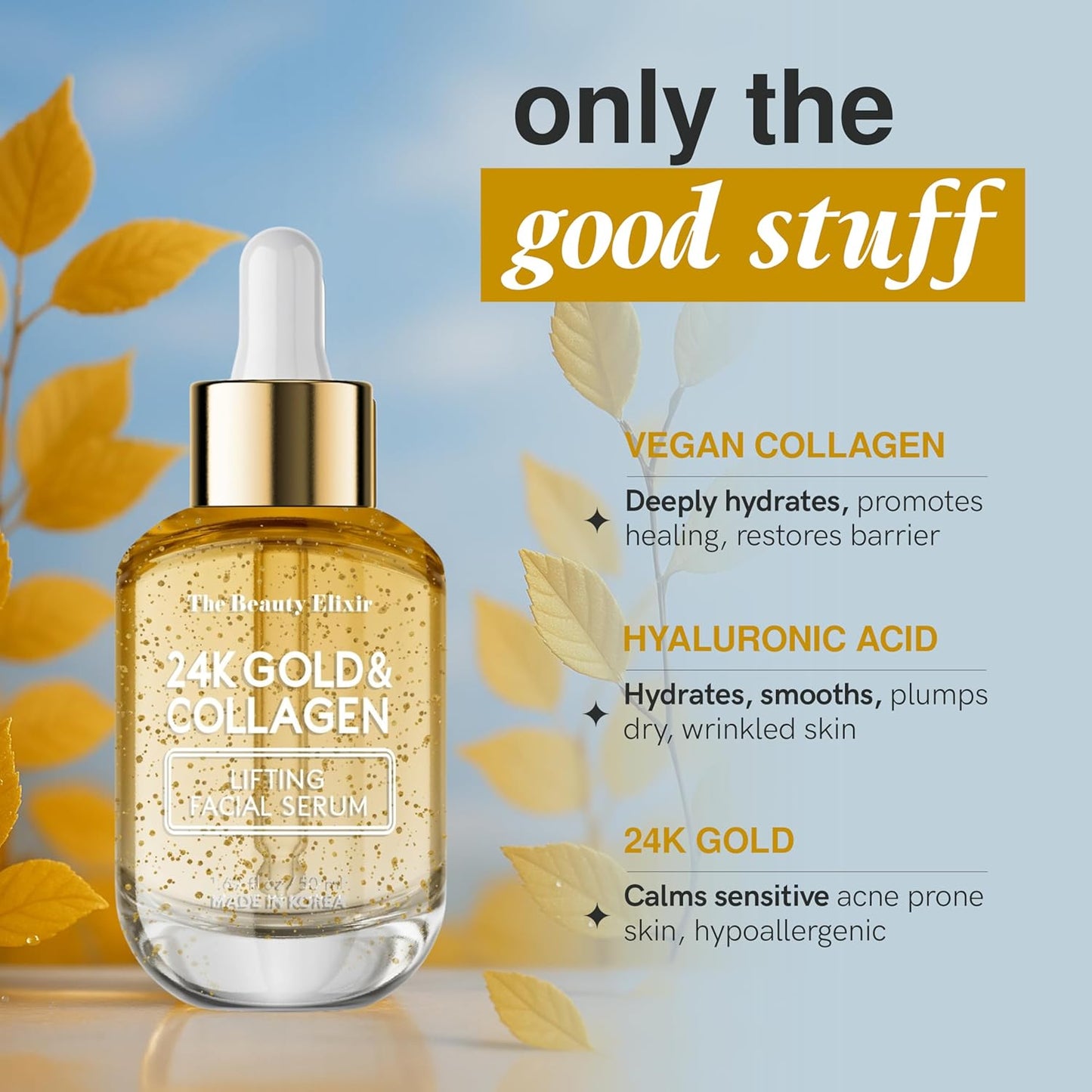 Collagen Serum For Face with 24k Gold - Dermatologist Tested - Anti Aging, Ultra Hydrating, Fine Lines & Wrinkle Treatment - Clean Beauty Korean Skin Care for All Skin Types - 1.69oz