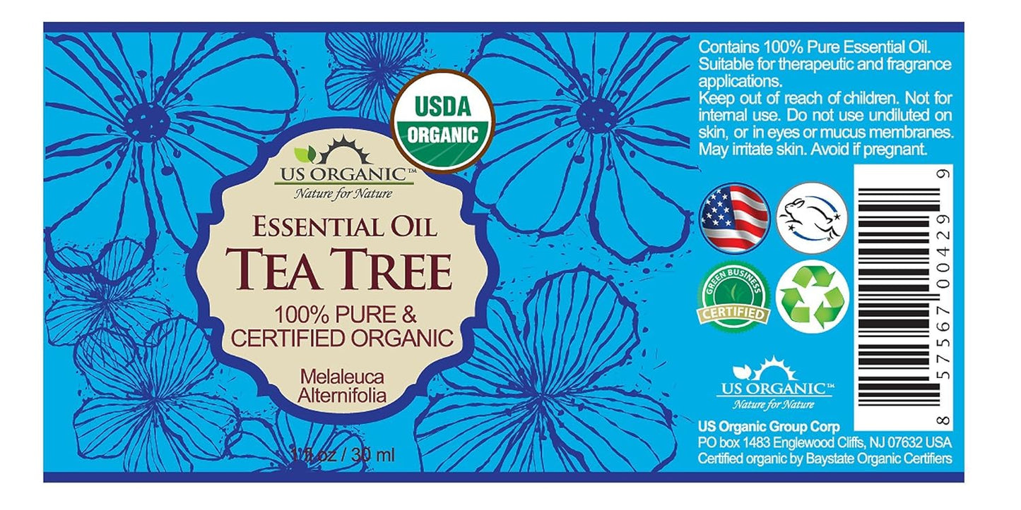 US Organic 100% Pure Tea Tree Essential Oil, Steam Distilled, USDA Certified Organic, for Hair, Skin, Scalp, Foot, Toenails, and Nail Polish - 30 ml, 2 Pack