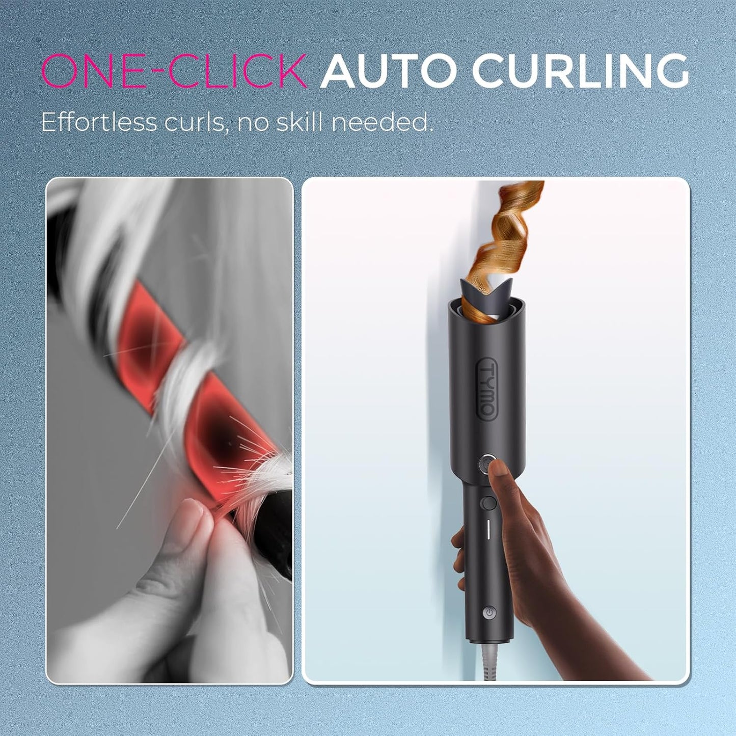 TYMO Automatic Rotating Curling Iron - TYMO CURLPRO Beach Waves Curling Wand, Portable Hair Curler, 500 Million Ionic, Dual Voltage & Lightweight for Travel, Ceramic Coating, 1 1/4 Inch, Metallic Gray