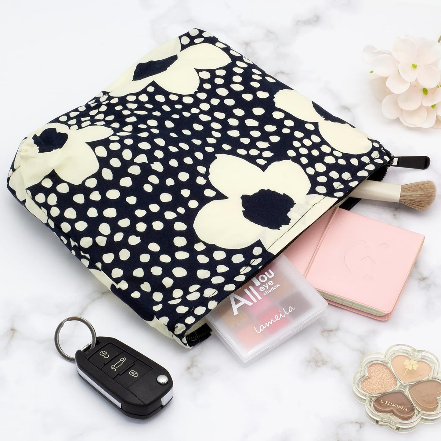 PAZIMIIK Floral Makeup Bag Large Cotton Zipper Pouch for Purse Travel Canvas Make Up Organizer for Women Cosmetic,Floral Navy Blue