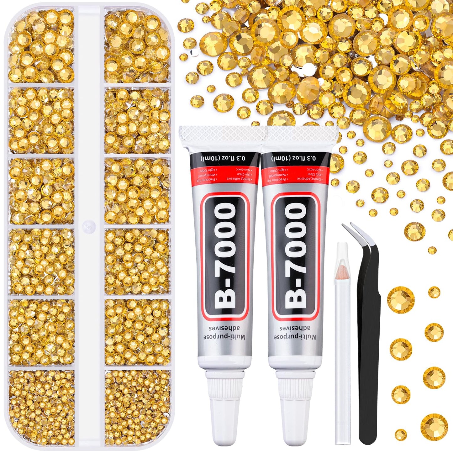 6100Pcs Resin Rhinestones for Crafting with 2Pcs 10ml B7000 Jewelry Glue, 1 Box Flatback Crystals Diamond (Golden Yellow) for Bedazzling Crafts DIY Nail Art, Gems for Clothing Shoes Tumblers