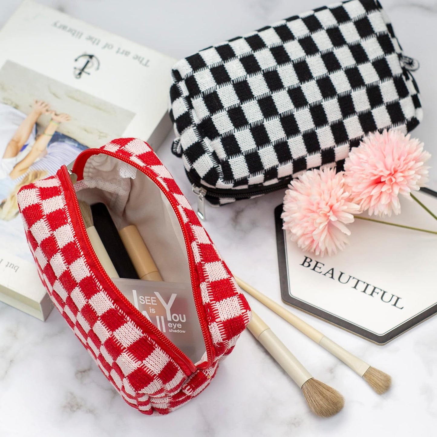 PAZIMIIK Checkered Makeup Bag for Purse Portable Zipper Make Up Pouch Small Cosmetic Case for Travel Accessories (Red)