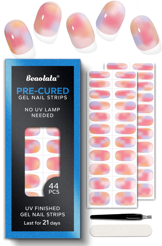 Pre Cured Gel Nail Strips - 44PCS Salon Quality Gel Nail Stickers - Long Lasting Polish Wraps for Women no UV Light Needed Easy Apply& Remove (Shimmer Pink)