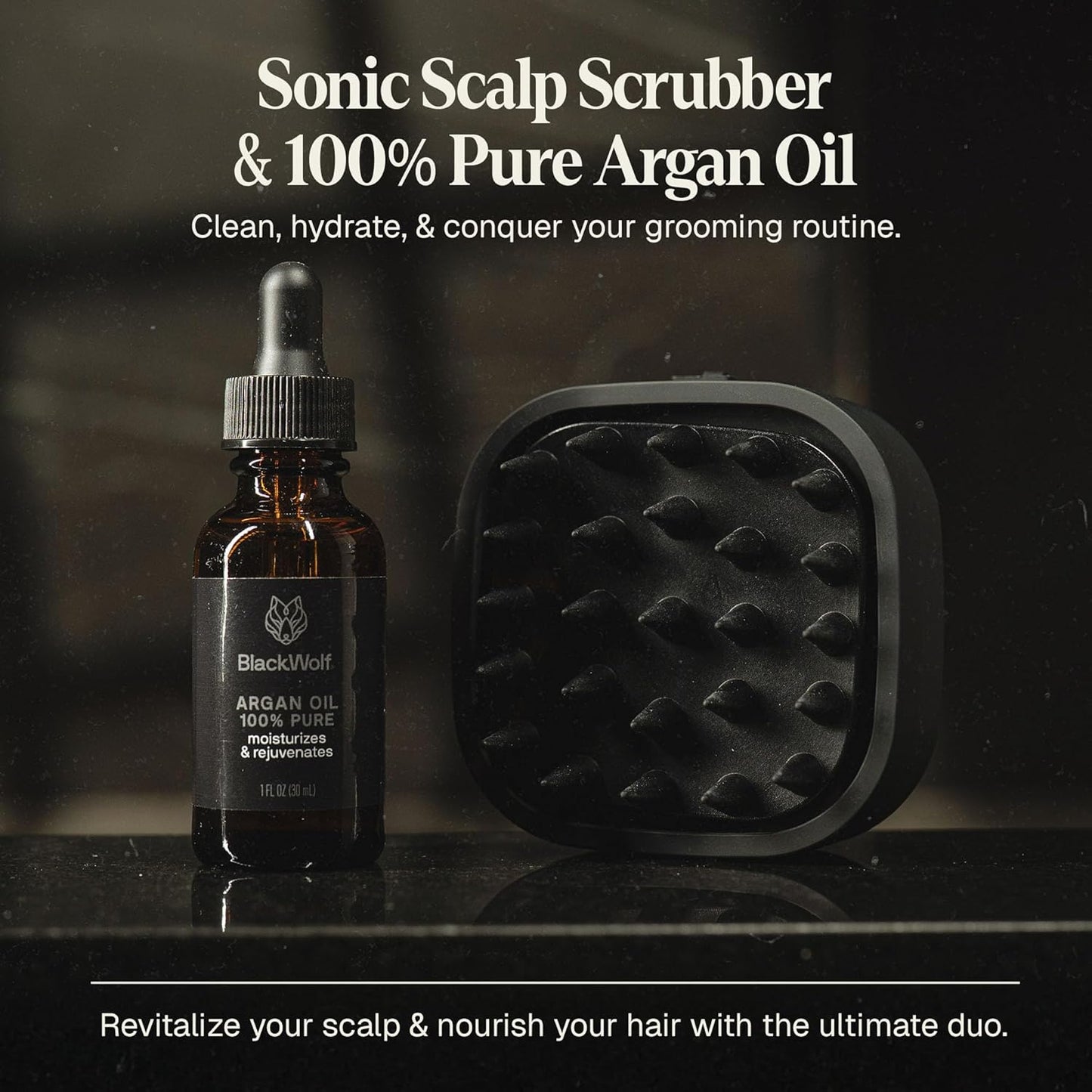 Black Wolf Sonic Scalp Head Massager & 100% Pure Argan Oil Bundle - Hair Care Products for Healthy Looking Hair & Scalp - Men's Shower & Bathroom Essentials Set