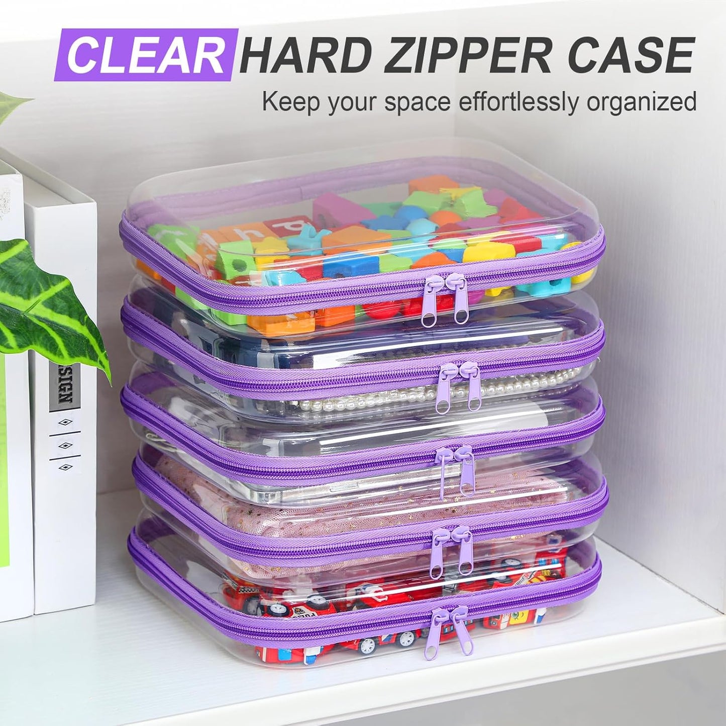 Sanwuta 6 Pcs Clear Hard Zipper Case Pencil Pouches Hard Plastic Zipper Pouches Makeup Bag Transparent Cases for Snacks Plastic Storage Organizer Box for Travel(Purple,9.84 x 7.87 x 2 Inch)
