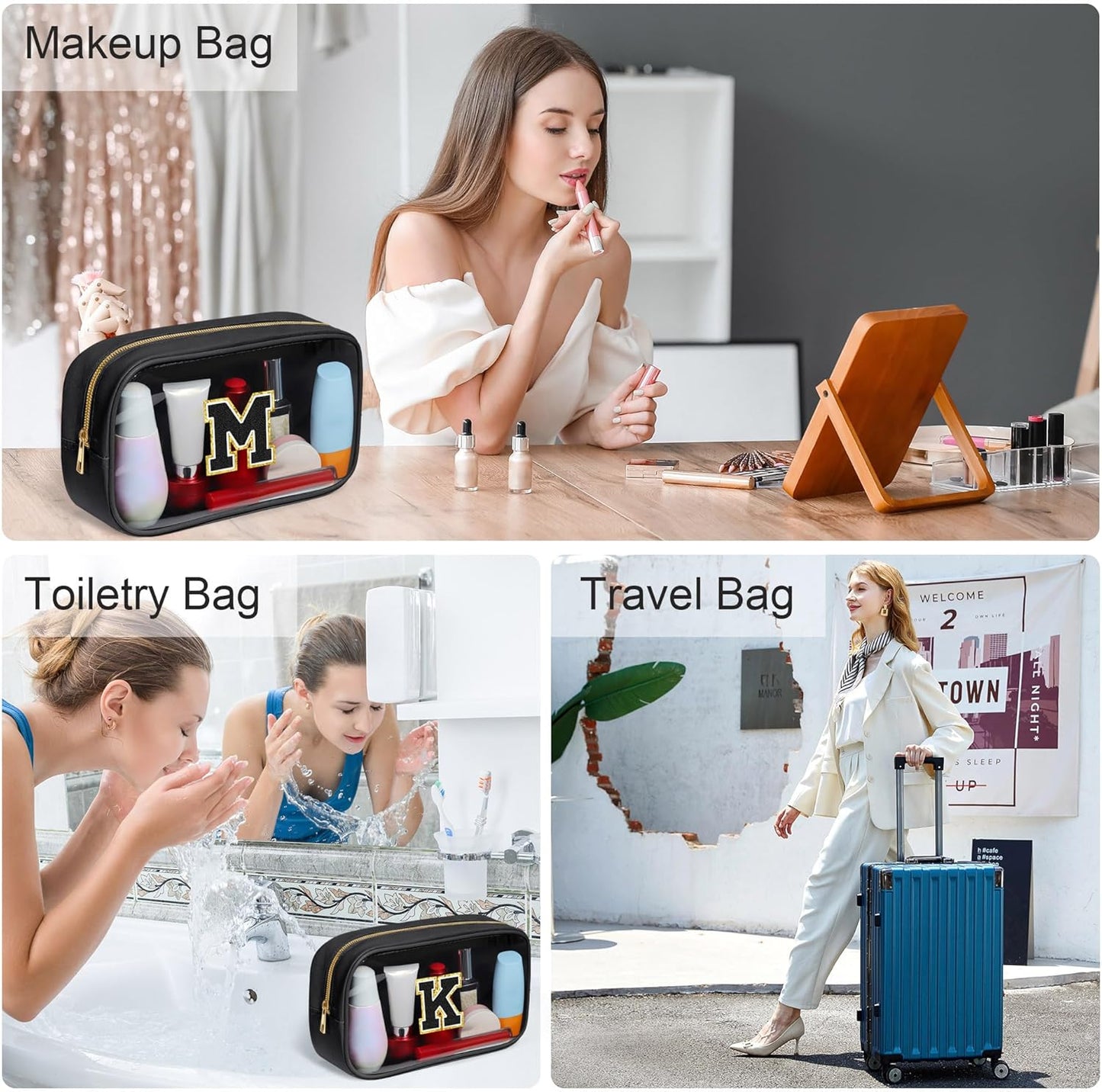 YOOLIFE Initial Travel Makeup Bag Pouch, Clear Toiletry Bag for Women Travel Accessories Cosmetic Bag Skin Care for Teen Make Up Bags Birthday Gifts for Women Unique Teacher Mom Friends Gifts Black F