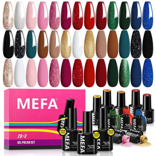 MEFA Glitter Gel Nail Polish Set, 23 Pcs Burgundy Red Green Gel Polish Set Pink Glitter Gold Nail Polish Blue Gold Sparkle Nail Polish Gel Manicure Soak Off Salon Gifts for Women
