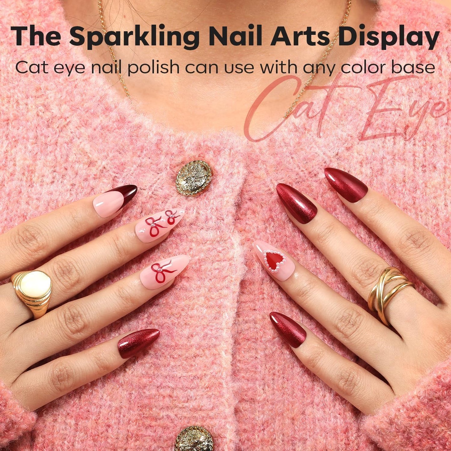 modelones Nail Polish Set, 6 Colors 2025 Classic Apple Red Cat Eye Glitter Mini Quick Dry Nail Lacquer Kit, Ruby Cherry Red Magnetic Sparkle DIY Nail Art Manicure Gift for Women Girls