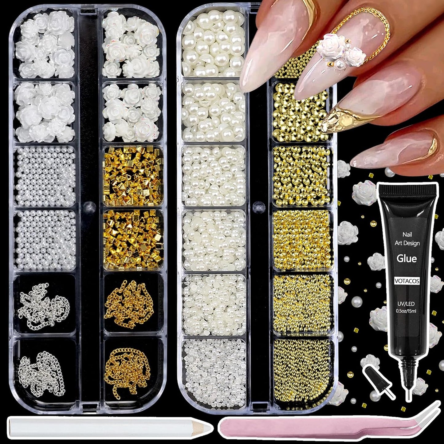 Nail Art Charms with Rhinestones Glue Gel White Flatback Pearls Luxurious Nail Charms Supplies Accessories Gold Silver Chains Nails Gems Jewelry Pearls for Women Nails Design