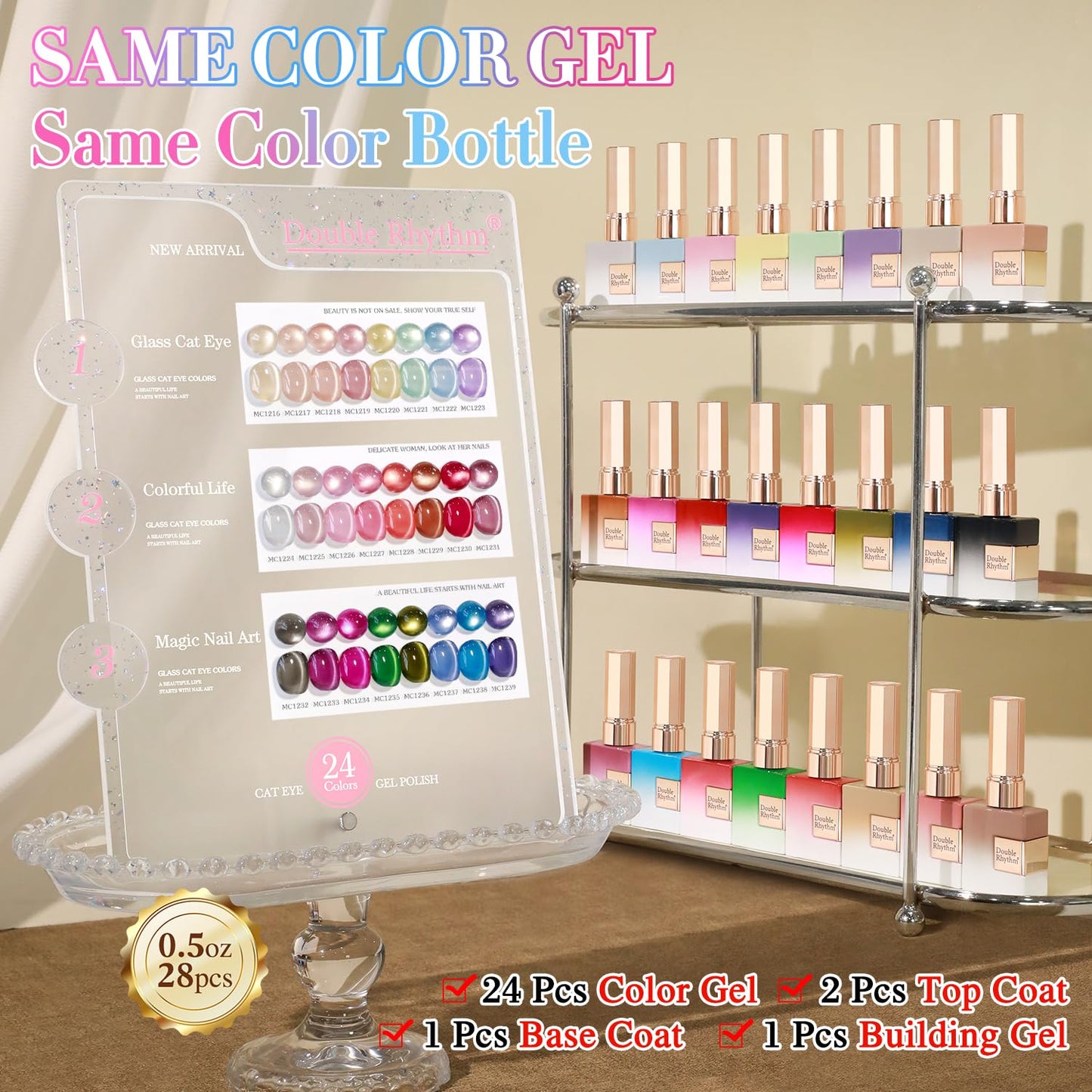 Double Rhythm 28Pcs 0.5Oz Glass Cat Eye Gel Nail Polish Set Same Color Same Bottle Soak Off Magnetic Jelly Gel Polish Kit Nail Art Manicure Salon DIY at Home (Nude Pink Blue Green-T24-10)