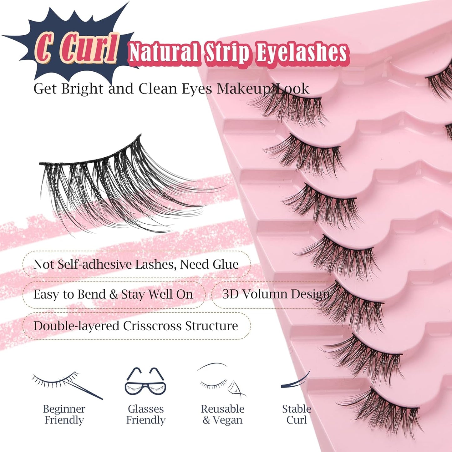 Half Lashes Cat Eye False Eyelashes Natural Look 14MM Natural Corner Lashes Wispy Half Eyelashes 3/4 Lash with Thin Cotton Band C Curl Soft Eyelash Siligli 7 Pair