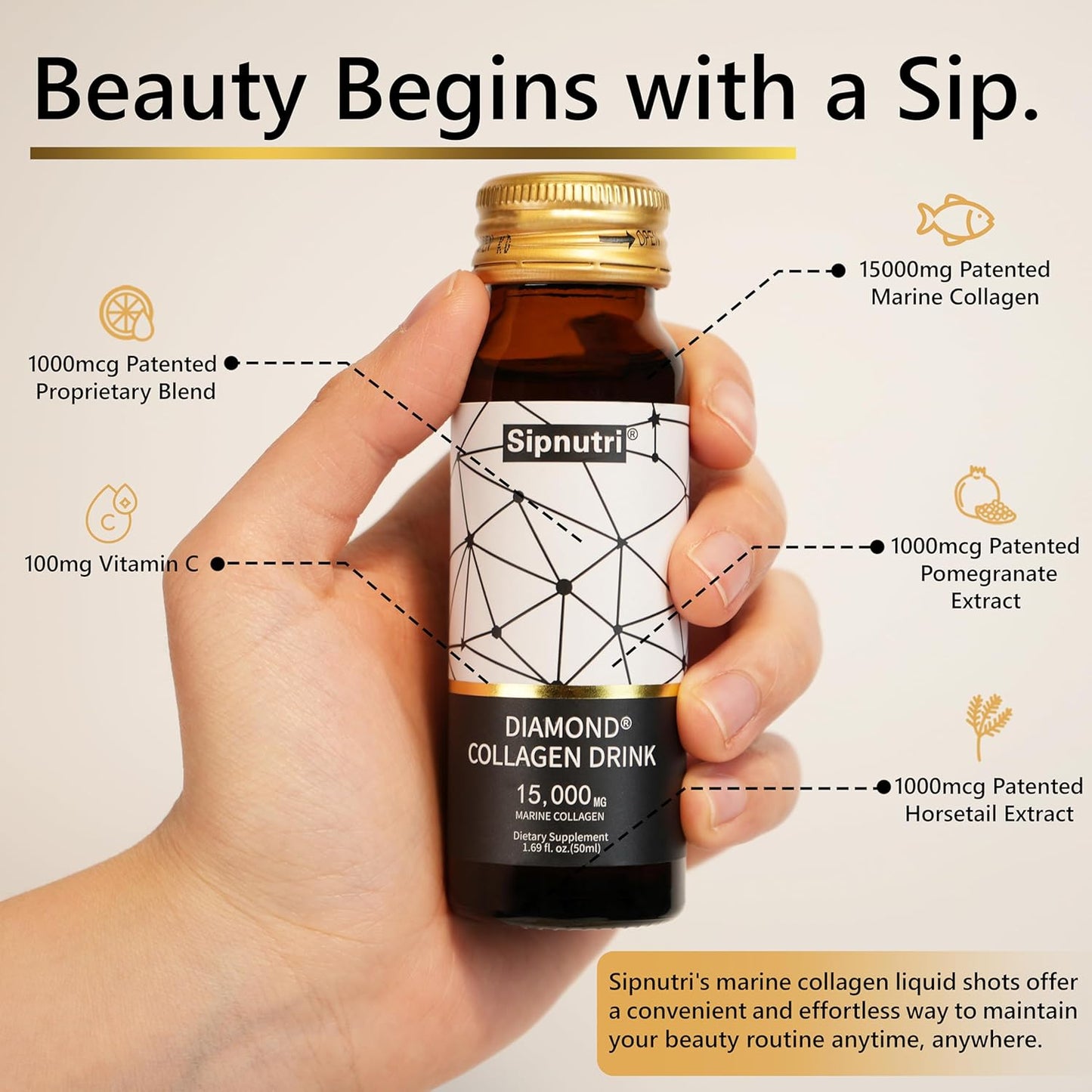 Diamond Liquid Collagen Drink, 15000 mg Hydrolyzed Marine Collagen Peptides with Vitamin C, Pomegranate, Healthy Hair Skin Nails Joints Bones Support, 50 ml x 10 Bottles