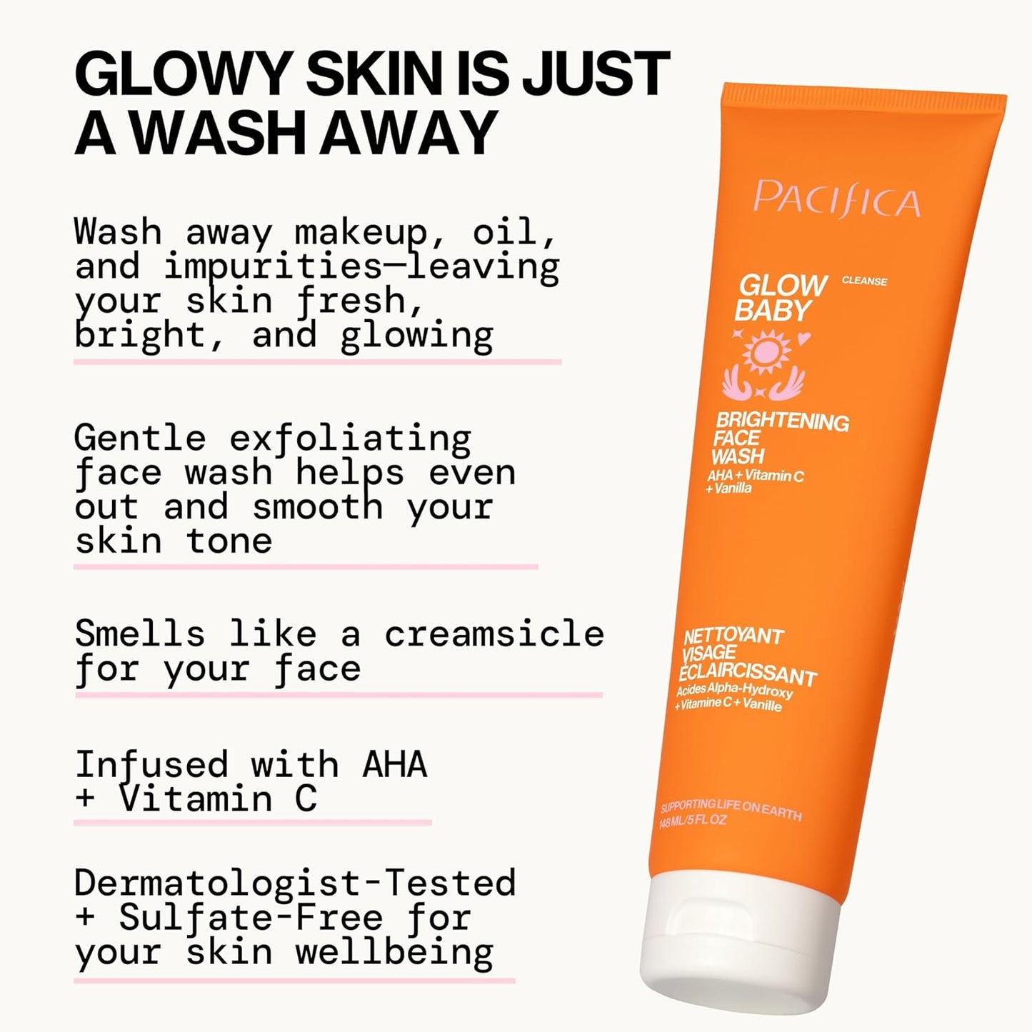 Pacifica Glow Baby Brightening Facial Cleanser 5oz – Vitamin C & Glycolic Acid (AHA) Face Wash for Radiance – Daily Cleanser for Anti-Aging Exfoliating for Smooth, Even Glowing Skin Vegan Clean Beauty