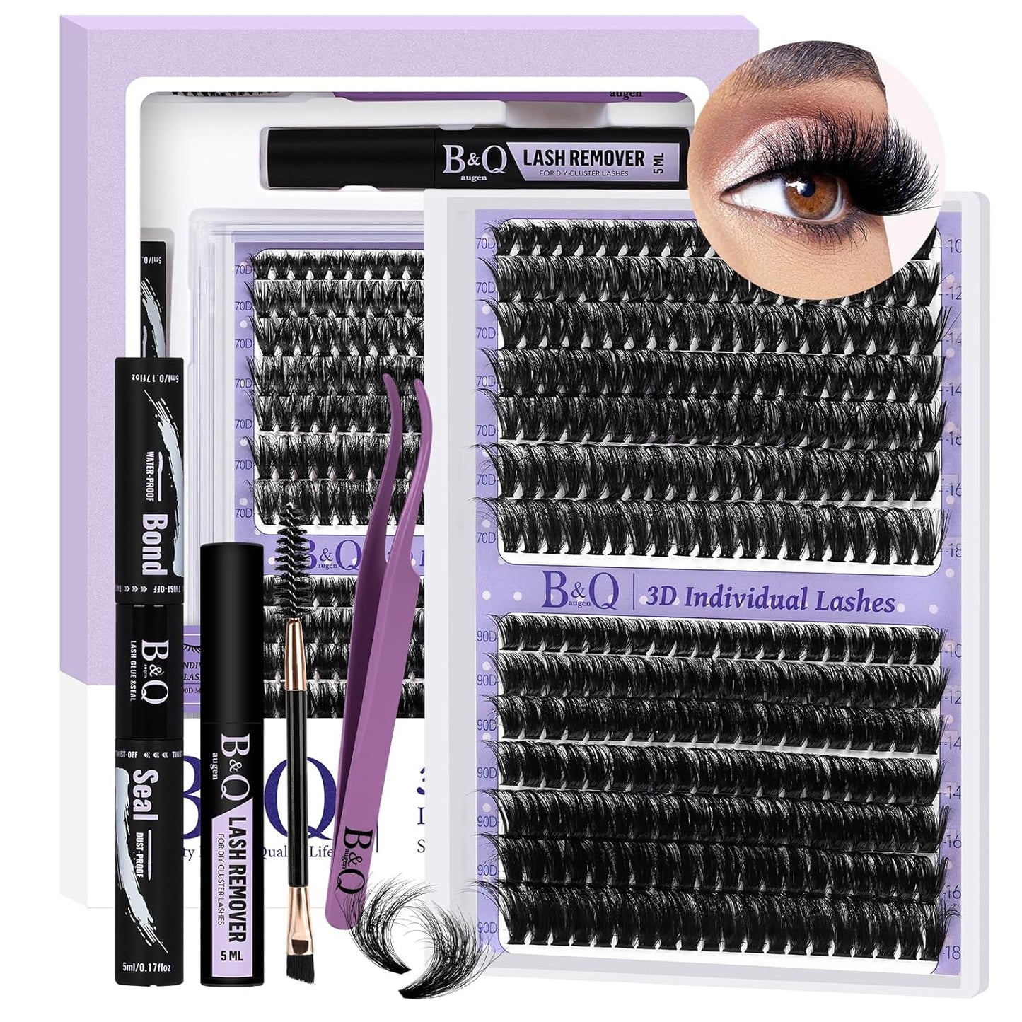 Lash Extension Kit 3D Thick Lash Clusters Kit 280pcs Eyelash Extension Kit 10-18mm 70D+90D D Curl DIY Lash Extension Kit with Lash Bond and Seal, Lash Remover (KIT-70D+90D-MIX10-18mm)