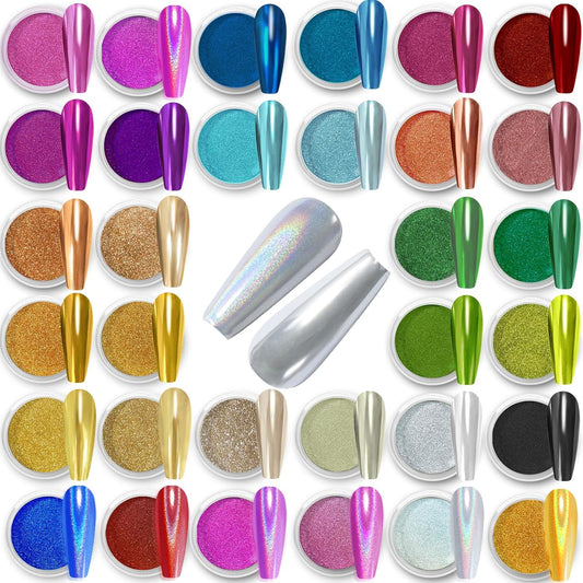 Allstarry Chrome Nail Powder Kit - 32 Colors Metallic Mirror Effect Holographic Manicure Pigment Glitter Powder for Nail Art Decoration Gel Polish with 32 Pcs Eyeshadow Sticks