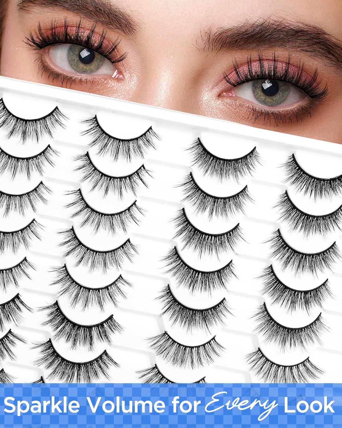 BEYELIAN False Eyelashes Natural Look 20 Pairs Strip Lashes, Wispy Lash Pack Soft 3D Volume Faux Mink Lashes That Look Like Extensions C-MIX-3