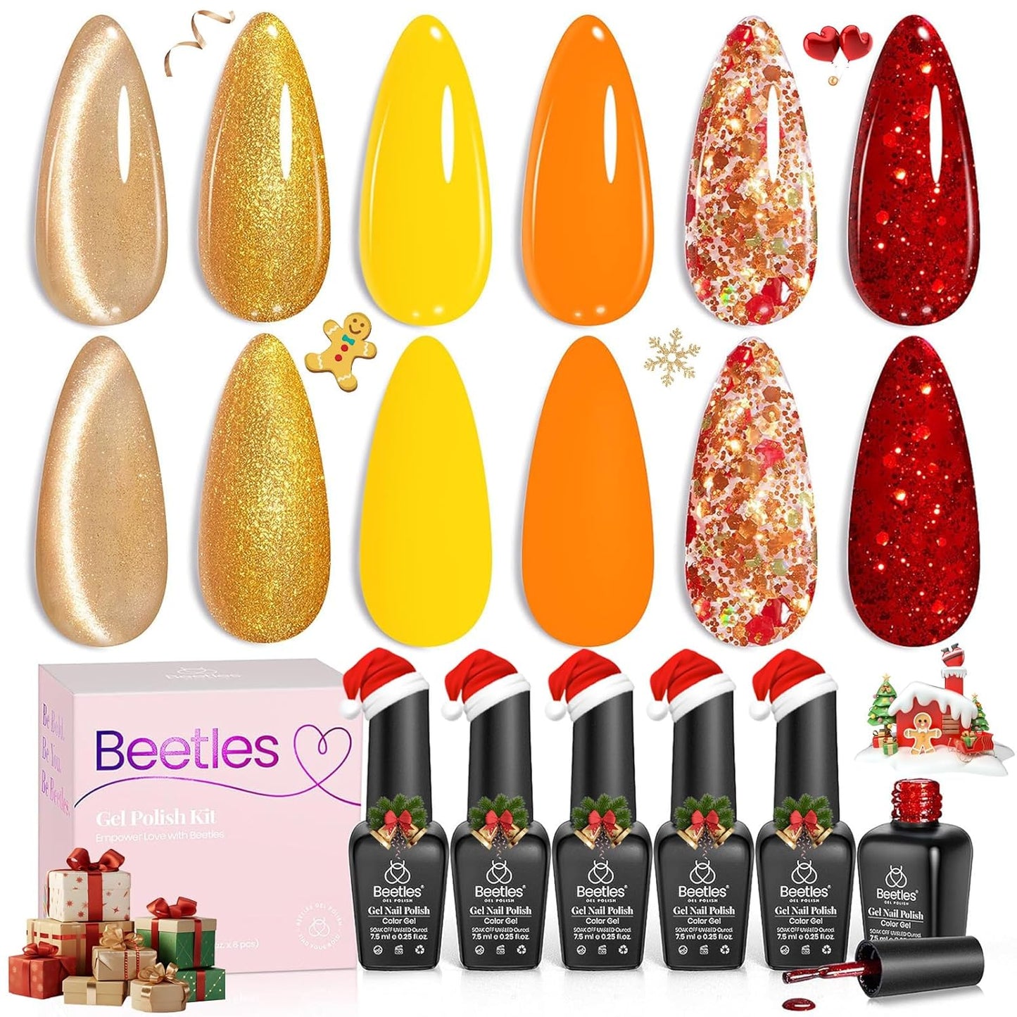 beetles Glitter Gel Polish Set - Daring Glow Collection, Gold Cat Eye Gel Colors Red Gold Glitter Shimmer Yellow Orange Christmas Nails Art Soak off Uv LED Manicure Nail Trend Gift for Women