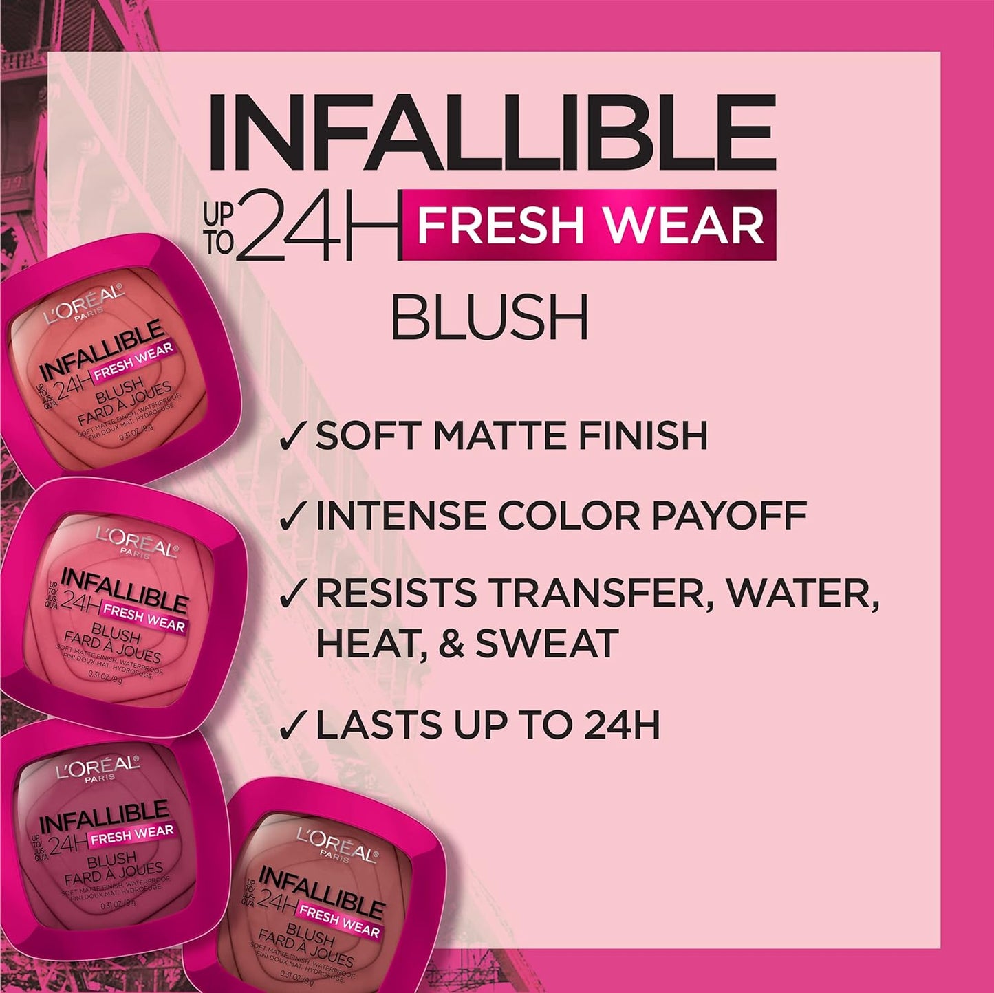 L'Oreal Paris Infallible Up to 24H Fresh Wear Soft Matte Blush, Blendable, Long-Lasting and Waterproof Cheek Make Up, Daring Rosewood 20, 0.31 Oz